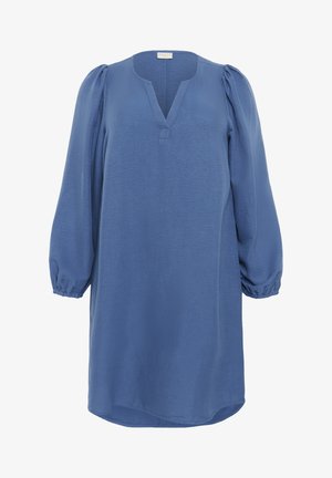 Abito blu a maniche corte in tessuto leggero con scollo a V, maniche a palloncino plissettate e orlo arrotondato. Finitura testurizzata con leggera lucentezza.