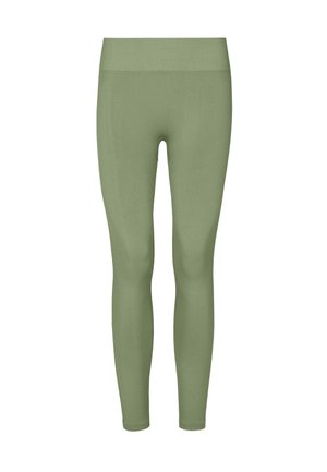 Leggings aderenti di un verde oliva chiaro, realizzati in un tessuto morbido e elastico. Presentano un ampio e comodo elastico in vita e un design senza cuciture.