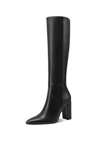 Bota de cuero negra hasta la rodilla con punta afilada, tacón cuadrado, textura suave y diseño minimalista. Sin hardware ni patrones visibles.