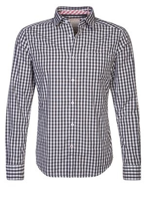 Koszula w czarno-białą kratę na długi rękaw, zapinana na guziki, z kołnierzykiem i jedną kieszenią na piersi.