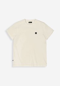 Korte mouw, effen beige T-shirt met ronde hals en klein zwart vierkant logo op de linkerborst.