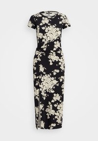 Svart blommig maxiklänning i mjukt tyg, med korta ärmar, rund halsringning och en knuten detalj på sidan med en slits.