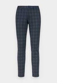 Pantalones de cuadros azules oscuros, de corte slim, con una textura sutil, que presentan un cierre frontal con botón y trabillas para el cinturón. Tejido suave con un diseño a medida.