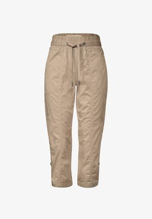 Beige Cropped-Hosen mit elastischem Bund und Kordelzug, seitlichen Taschen und Reißverschlussdetails an den Knöcheln. Aus leichtem Material hergestellt.