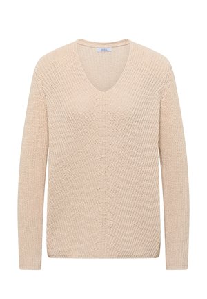 Pull en maille beige à manches longues avec col en V et motif texturé, étiquette "CECIL" à l'intérieur du col.