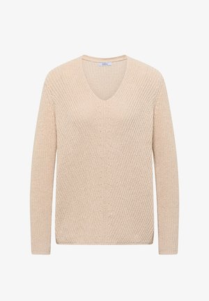 Beige gebreide trui met lange mouwen, V-hals en een gestructureerd patroon, met het label "CECIL" binnen in de kraag.