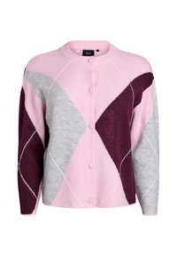 Růžový, šedý a vínový kardigan s argyle vzorem, vyrobený z měkkého pleteného materiálu, s kulatým výstřihem a zapínáním na knoflíky vpředu.