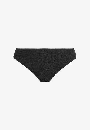 Zwarte bikinibroek gemaakt van textuurstof met een zigzagpatroon. Beschikt over een hoge uitsnijding en naadloze randen.