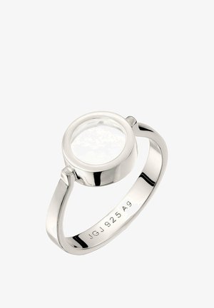 Silberner Ring mit einer runden klaren Steinfassung und graviertem Text "JGJ 925 Ag" auf dem inneren Ringband.