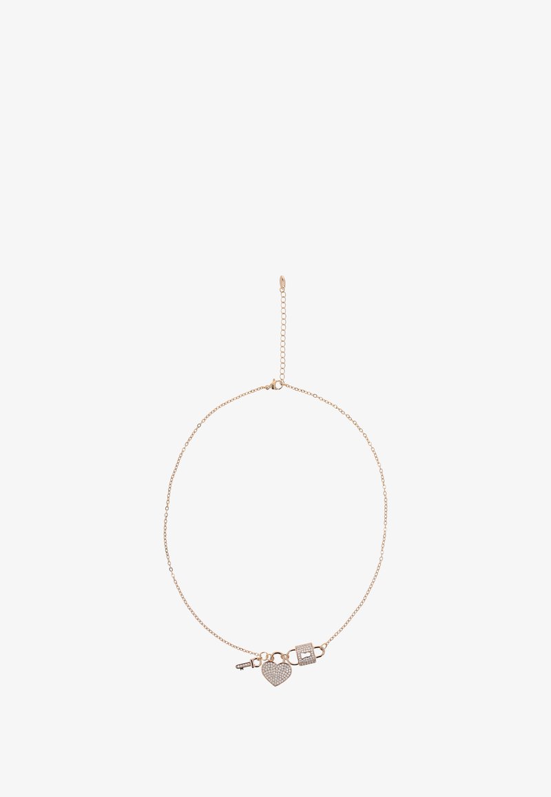 Bransoletka na łańcuszku w kolorze złotym z zawieszkami w kształcie serca, kłódki i klucza, zdobiona przezroczystymi kryształkami, o gładkiej fakturze i regulowanej długości.