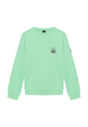 Mintgrøn bomulds-sweatshirt med lange ærmer, rund halsudskæring og lille grafisk print på venstre bryst. Ribstrikkede manchetter og kant.