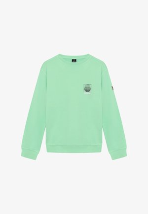 Minzgrünes Baumwoll-Sweatshirt mit langen Ärmeln, rundem Ausschnitt und kleinem Grafikdruck auf der linken Brust. Gerippte Bündchen und Saum.