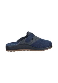 Navy blue felt clogs with a textured gray accent. Adjustable strap and cushioned footbed on a lightweight, rubber outsole.