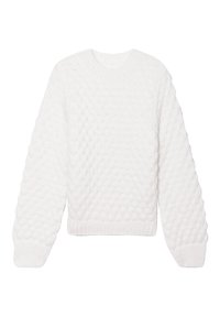 Pull en tricot blanc avec un motif en diamant texturé, col rond et manches longues légèrement bouffantes. Matériau doux et confortable.