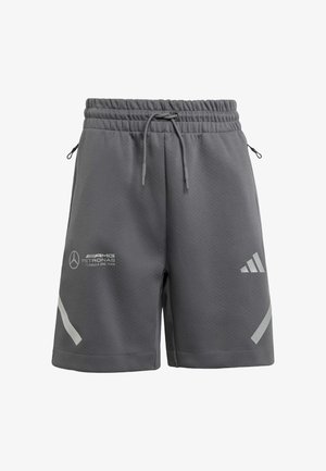 Gray sports shorts with elastic waistband and drawstring, AMG Petronas and Adidas logos, reflective stripes near the hem on each leg.