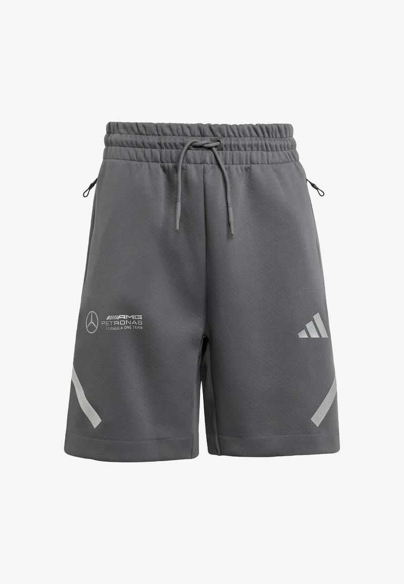 GRAUE Sportshorts mit elastischem Bund und Kordelzug, AMG Petronas- und Adidas-Logos, reflektierende Streifen nahe dem Saum an jedem Bein.