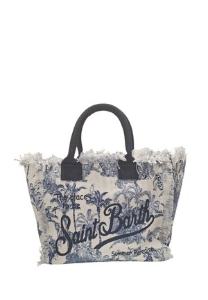 Borsa tote in tela con stampa tropicale blu di palme, manici neri, bordi sfrangiati e testo "Saint Barth" e "Summer Paradise" sul davanti.