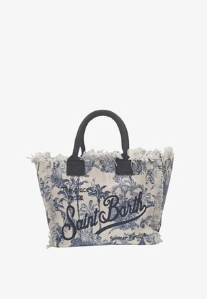 Borsa tote in tela con stampa tropicale blu di palme, manici neri, bordi sfrangiati e testo "Saint Barth" e "Summer Paradise" sul davanti.