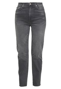 High-waisted dark gray jeans with a smooth finish, five-pocket design, and silver hardware. Straight leg style with clean lines.