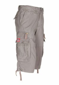 Shorts cargo grigi chiaro in cotone. Presentano diverse tasche, cordini regolabili all'orlo e una piccola etichetta con logo sul lato.