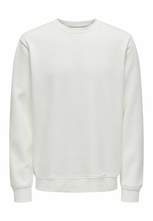 Witte sweatshirt gemaakt van zacht, glad materiaal. Heeft een ronde hals, lange mouwen en ribbelmanchetten en -zoom. Geen patronen of grafische elementen.