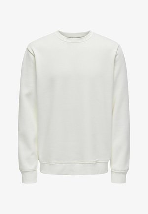 Bílá mikina vyrobená z měkké, hladké látky. Má kulatý výstřih, dlouhé rukávy a žebrované manžety a lem. Bez vzorů nebo grafik.