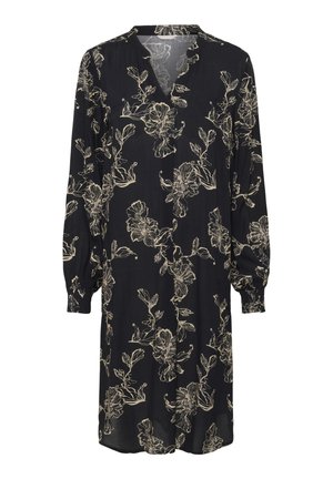 Schwarzes Blumenkleid mit langen Ärmeln und V-Ausschnitt. Mit beigen Blumenumrissen, elastischen Bündchen und lockerer Passform.