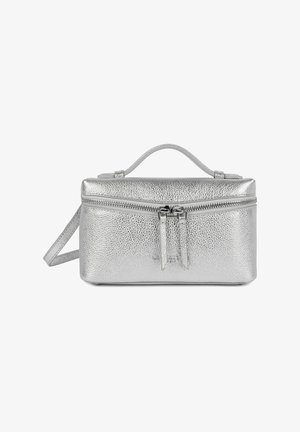 Rectangular silver textured leather bag with a top handle, double zipper closure, and a detachable shoulder strap on a white background.