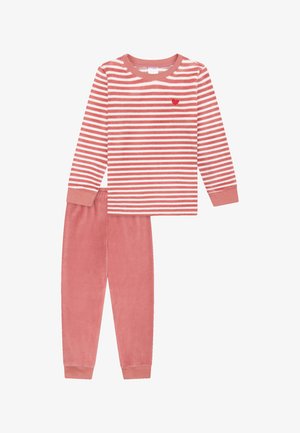 Pink striped cotton long-sleeve top with a small red heart accent, paired with matching solid pink soft pants with elastic waistband.
