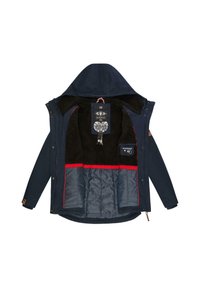 Navy blue jacket with a hood, featuring a soft inner lining, red accents, and a zippered front. Includes interior pockets and tags.
