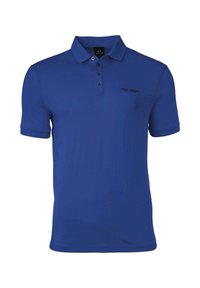 Modrá polokošeľa vyrobená z hladkého materiálu, s klasickým golierom, zapínaním na tri gombíky a malým logom značky na ľavej strane.
