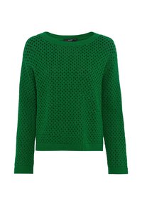 Grön långärmad stickad tröja med ett perforerat mönster och ribbade muddar och nederkant, uppställd på en vit bakgrund.