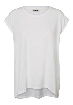 White, short-sleeve T-shirt featuring a round neckline, relaxed fit, soft texture, and a high-low hem. Made of lightweight fabric.