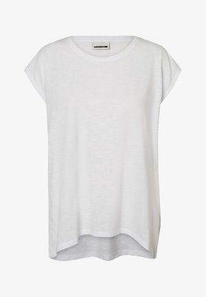 Baltas, trumpomis rankovėmis marškinėliai su apvaliu iškirpimu, laisvu siluetu, minkšta tekstūra ir aukšto-žemo hemu. Pagaminti iš lengvos medžiagos.