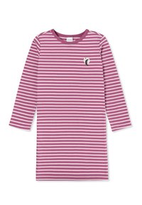 Pasiasta sukienka z długim rękawem w kolorze różowym i białym, z małym motywem księżyca i gwiazdy. Wykonana z miękkiego materiału z okrągłym dekoltem.