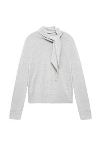 Maglione grigio chiaro con maniche lunghe e dettaglio a nastro drappeggiato sul collo. Realizzato in un morbido tessuto a maglia. Design cropped con una vestibilità rilassata.