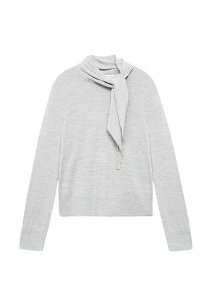 Pulover gri deschis cu mâneci lungi și un detaliu de fundă drapat la gât. Fabricat dintr-un material tricotat moale. Design scurt cu o croială lejeră.