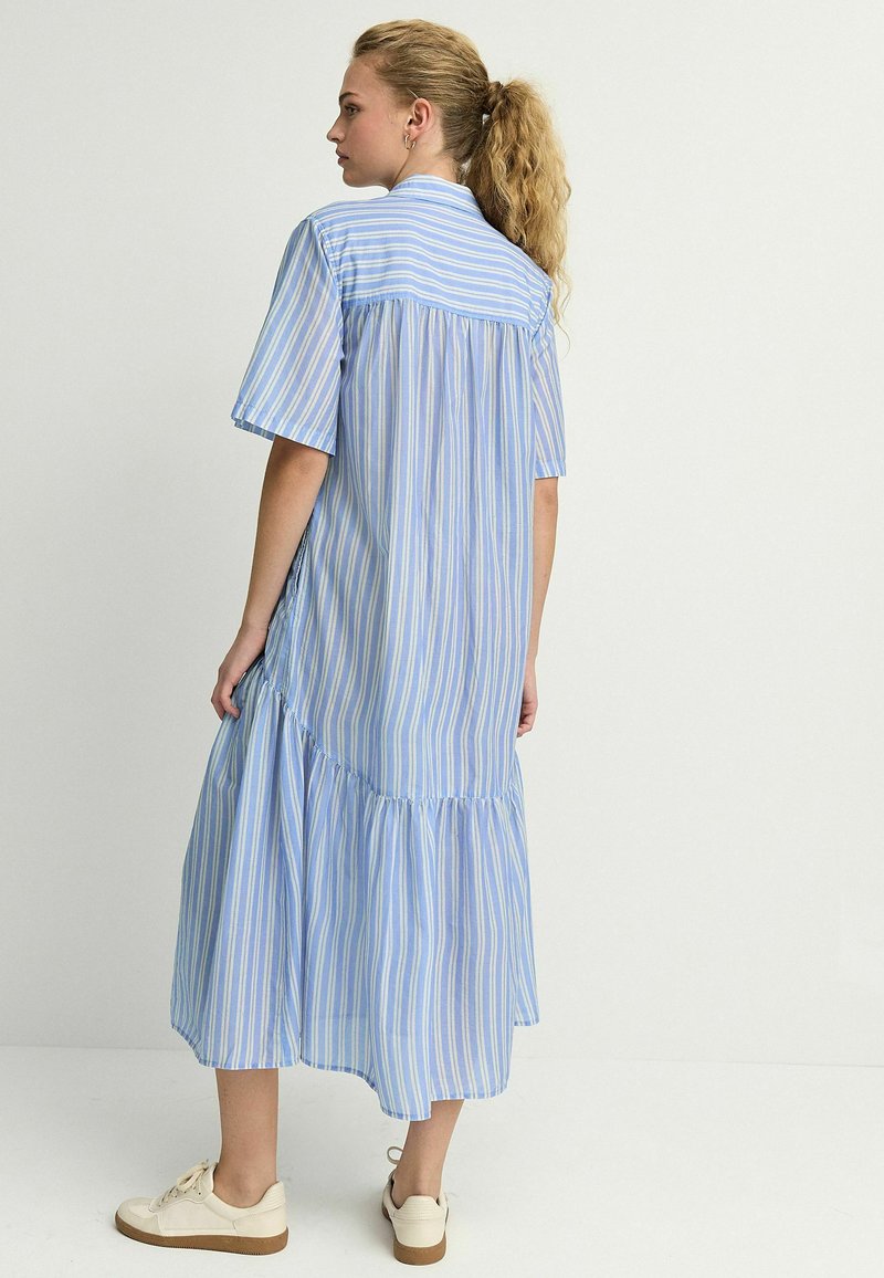 Summer Dress Blue Striped Midi Dress Women's Vertical Stripe Midi Dress V Neck Henley Puff Short Summer Dress Blue Striped Midi Dress Women's Vertical Stripe Midi Dress V Neck Henley Puff Short