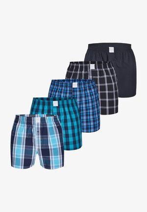 Cinq paires de boxeurs à carreaux dans des teintes de bleu, noir et teal, dotés de ceintures élastiques et de motifs à carreaux variés.