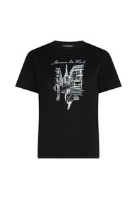 Black cotton t-shirt featuring a graphic design of Parisian streets with a tower, accented with pink and white line art. Crew neckline.