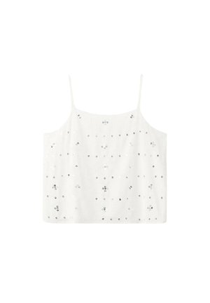 Top court blanc sans manches avec fines bretelles, décoré de petites paillettes argentées en motifs floraux.