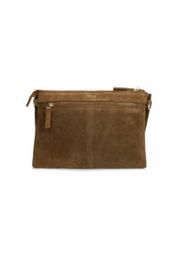 Bruine nubuck clutch bag met een gladde textuur, voorzien van een bovenste rits en een extra ritsvak aan de voorkant voor opslag. Minimalistisch ontwerp.
