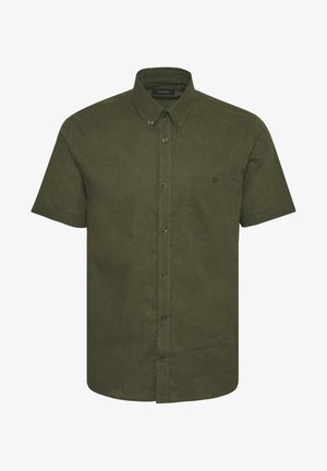 Short-sleeve, olive green button-up shirt made of textured fabric. Features a chest pocket and visible stitching details along the seams.