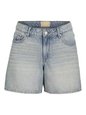 Shorts en denim bleu clair à taille haute, avec une fermeture à bouton, cinq poches et un léger dégradé pour un aspect texturé.