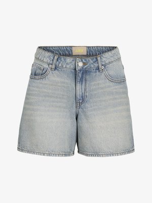 Light blue denim shorts with a high waist, featuring a button closure, five pockets, and subtle fading for a textured look.