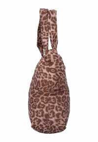 Bruine gewatteerde tas met een luipaardprint ontwerp, voorzien van twee hengsels en een zachte, luchtige textuur. Afgeronde randen en een glad oppervlak.