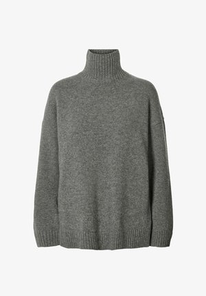 Grijze gebreide coltrui met een ontspannen pasvorm, ribgebreide manchetten en zoom, met een gladde textuur en minimalistisch ontwerp.