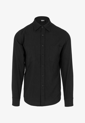 Fekete hosszúujjú ing, galléros nyakkal, elöl gombzáródással és két mellzsebbel. Puha, texturált anyagból készült.