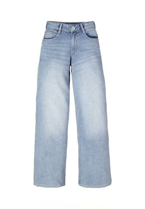 Wijde lichtblauwe denim jeans met knopen aan de voorkant, ritssluiting en vijf zakken, afgebeeld op een witte achtergrond.