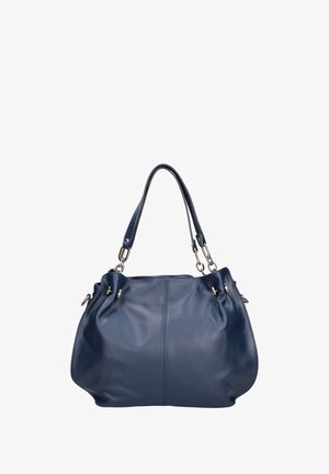 Borsa in pelle blu scuro con due manici corti, fibbie in metallo argentato e corpo morbido leggermente arricciato.